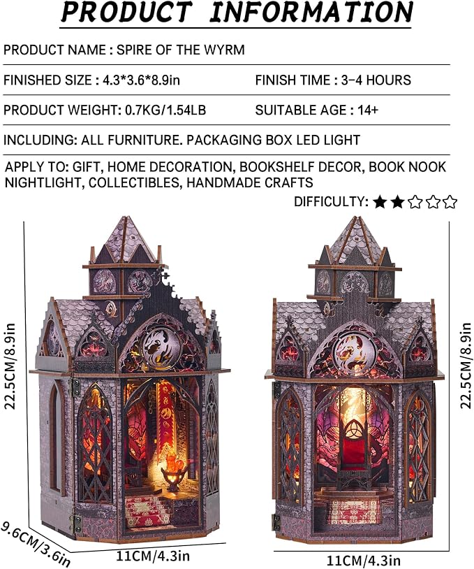 Roroom DIY Miniature Doll House with Furniture Dollhouse Kit for Adults and Teens,Booknook Tiny House Bookshelf Decor Mini 3D Wooden Puzzle, Gifts for Family, Friends (Spire of the Wyrm)