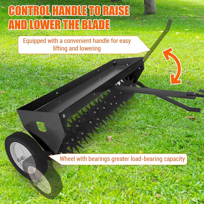 GarveeLife 40 Inch Tow Behind Aerator, Aerator Lawn Tool with Universal Hitch, Adjustable Handle, Transport Wheels, Lawn Aerator Compatible with Tractors for Garden, Farm and Lawn, Black