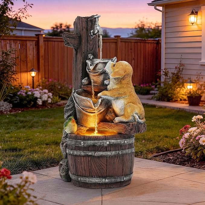 24.5" Puppy & Green Bird Outdoor Fountain, 3-Tier Pastoral Water Feature with LED Lights, Resin Buckets & Wooden Barrel Soothing Cascading Waterfall for Patio, Backyard, Garden