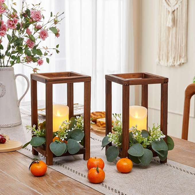 54 Pcs /18 Set Wooden Wedding Lantern Centerpiece-Wooden Candle Lantern Bulk Includes 18 Farmhouse Wooden Candle Holder 18 Flameless LED Candles 18 Eucalyptus Leaves Wreath for Decoration