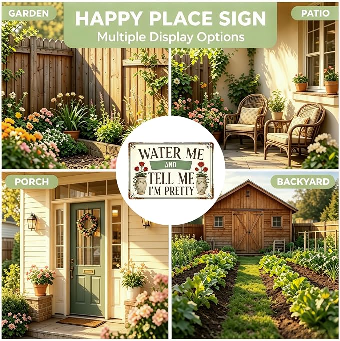 Funny Garden Signs, Vintage Garden Gift, Garden Decor for Outside, Water Me and Tell Me I'm Pretty Sign, Weatherproof Aluminum Outdoor Decor for Patio Yard Greenhouse Home, Wall Decor 12x8 Inch