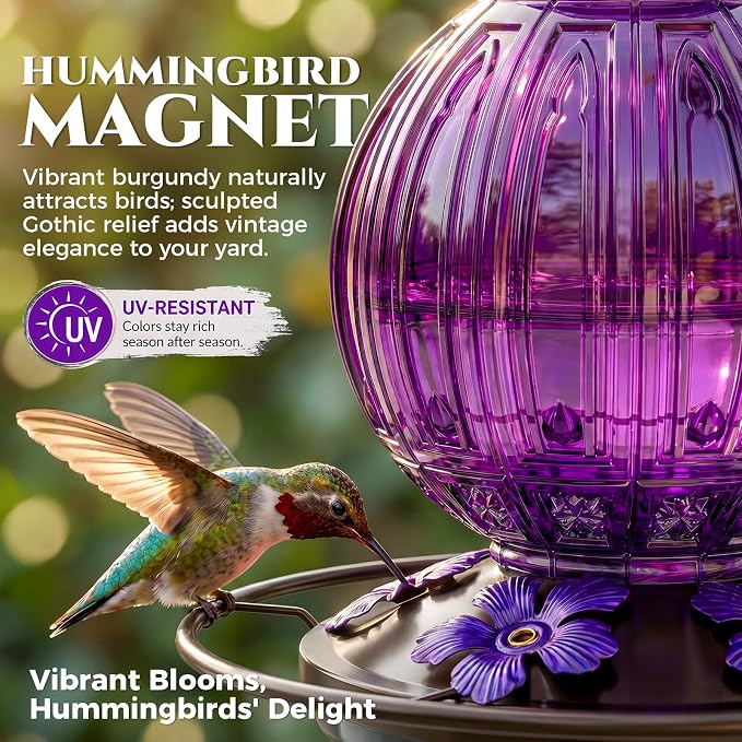 Glass Hummingbird Feeder for Outdoors Hanging, Bird Nectar Feeder with Perch & 5 Flower Feeding Ports, 26 Oz Leak Proof for Outside Garden Decor Backyard, Gifts for Women Mom, Purple