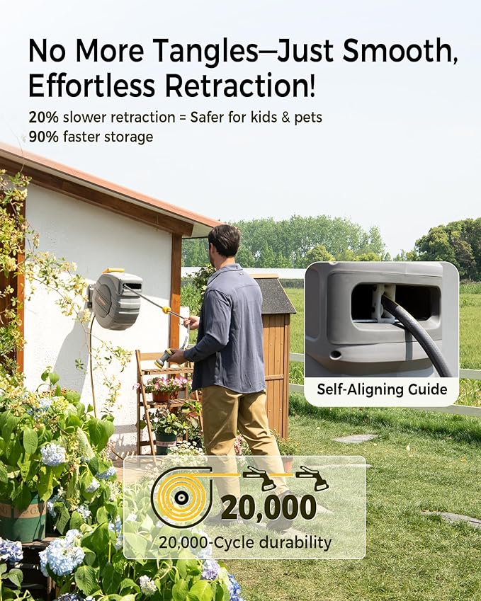 GLAHODEN Retractable Garden Hose Reel 1/2 in x 115 ft, 2025 Upgraded Dual Ratchet Lock UV & Freeze Protection Brass Seal Slow Retraction Anti-Tangle Hose 180°Swivel Reinforced Scaffold Wall Mount