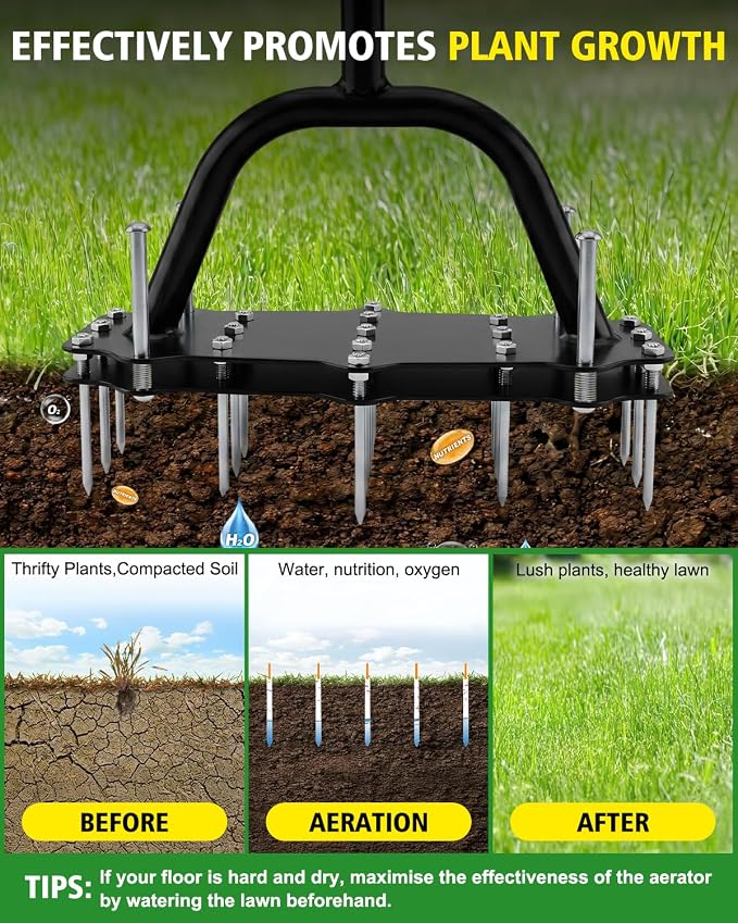 Lawn Aerator Spike Tool - 17 Iron Spikes with T-Handle for Yard and Garden | Dirt Clean & Double-Layer Spring, Manual Soil Aerator, Metal Grass Aerator with Gloves for Lawn Soil Loosening