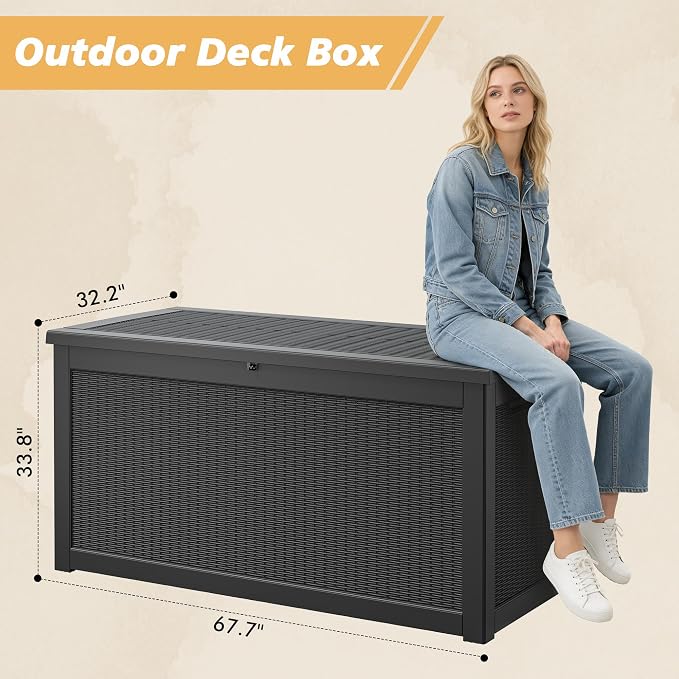 Fancyango 280 Gallon Outdoor Deck Box Waterproof, Large Storage Box for Patio, Resin Storage Bench Lockable for Garden Tools, Package Delivery,Black