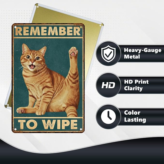 Funny Cat Bathroom Sign Remember To Wipe Tin Signs Orange Tabby Metal Decor Wall Decor For Home Bathroom Toilet Indoor Washroom Restroom Cat Lovers Gifts 12 * 8 In