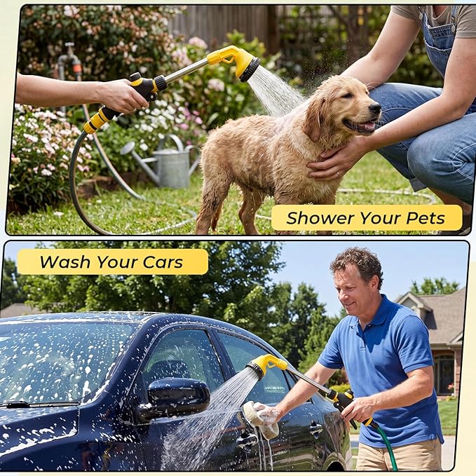 Hushee 2 Pack Garden Hose Watering Wand, 17.7 Inch Metal Watering Wand with 10 Spray Patterns and Shut Off Valve, Hose Sprayer Nozzle for Hanging Baskets Shrubs Plants Garden Lawn(Yellow)