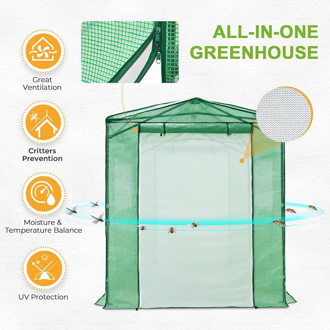 EAGLE PEAK 8x6 Portable Walk in Greenhouse, Pop Up Indoor Outdoor Greenhouse, Green House Kit with Zippered Roll-Up Doors and Windows + Mesh Lined Door, PE Cover, Clear/Green