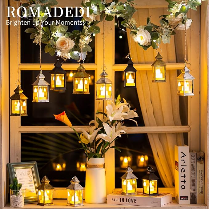 Romadedi Mini Lanterns Decorative for Centerpiece - 10 PCS Hanging Small Black Lantern Bulk with Flickering LED Candles for Halloween Decorations Wedding Decor Christmas Table, Batteries Included