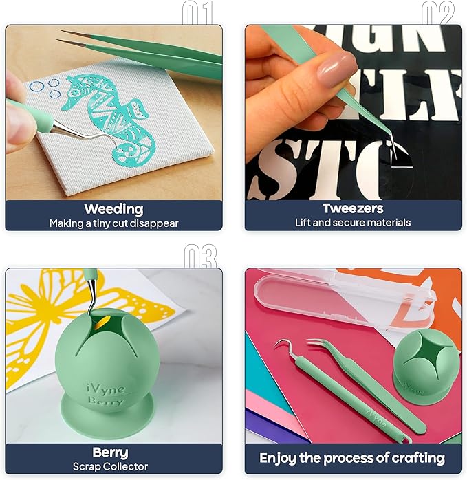 iVyne Berry and Silicone Weeding Tools - Suction Weeder, Craft Tweezer, Scrap Collector Holder, Vinyl Weeding Tool Kit for Cricut, Silhouette Accessories - Green