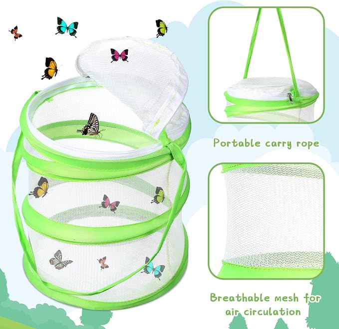 Sherr 6 Pcs Mini Butterfly Habitat Cage Clear Mesh Butterfly Net Cage Container Foldable Terrarium, 6.2x7.1inch (Green)