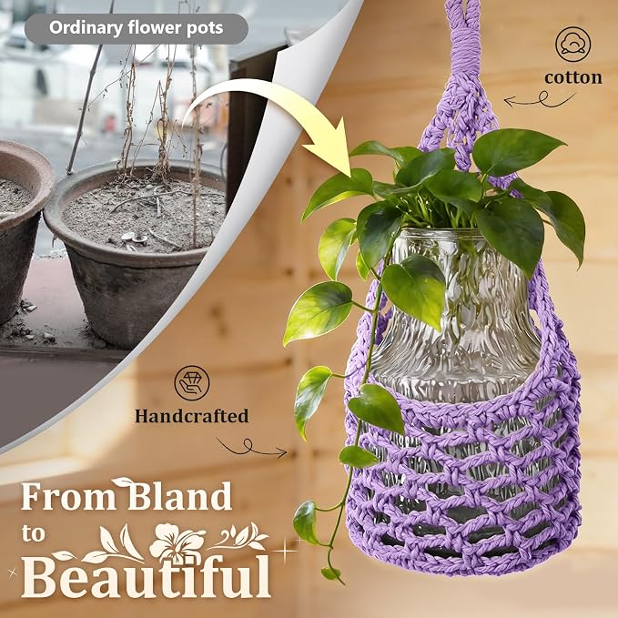 Macrame Wall Plant Hanger, Hanging Planter Basket Holder, Wall Planters for Indoor Plants, for Up to 6 Inch Pot (Purple, 6-Inch)
