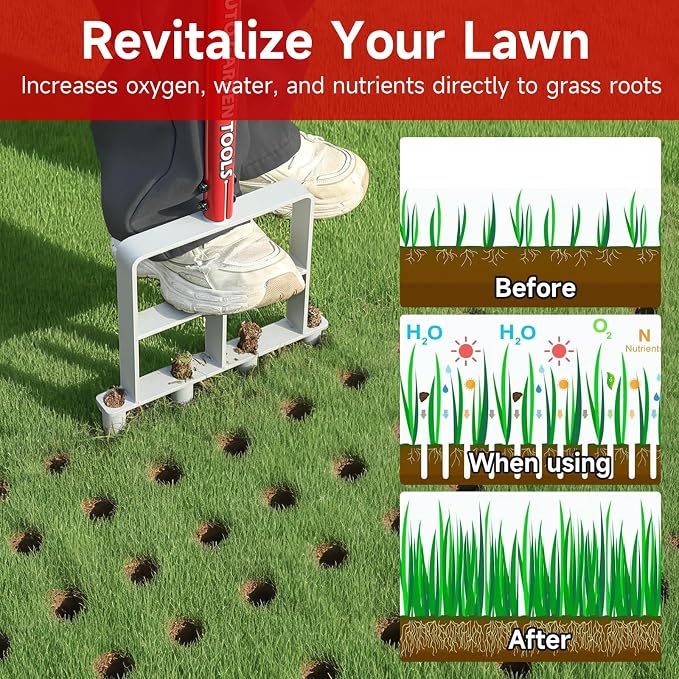 Lawn Aerator Tool, Manual Core Aerator Lawn Tool with 4 Tapered Tubes, Heavy-Duty Steel Grass Plug Aerator & Soil Loosener for Effortless Lawn Aeration, Thatch Removal & Yard Care