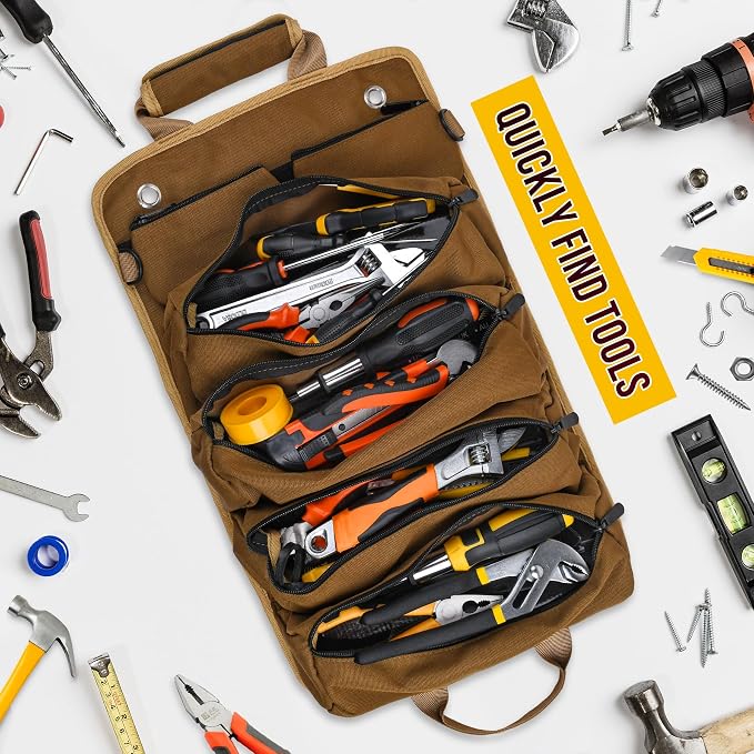 Tool Bag, Tool Bags for Men, Heavy Duty Tool Organizer, Portable Roll Up Tool Bag Gifts For Him, Mechanic, Electrician and Hobbyist, Car Tool Roll Organizer - Khaki