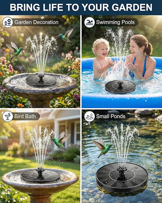 Solar Fountain for Bird Bath, 2026 Upgrade 1.4W Solar Power Water Fountain Pump with 7 Nozzles, Free Standing Floating Powered Fountains for Garden, Pond, Pool, Birdbath (6.3 inch)