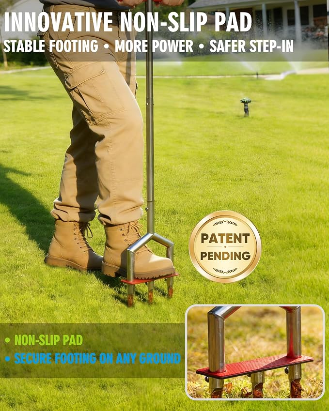 Manual Lawn Aerator - 42 Inch, 304 Stainless Steel Aerator Lawn Tool, Easy to Install, Rust Resistant, Core Aerator for Yard&Grass Compacted Soil, 3 Detachable Hollow Tines, Non Slip Foot Pad