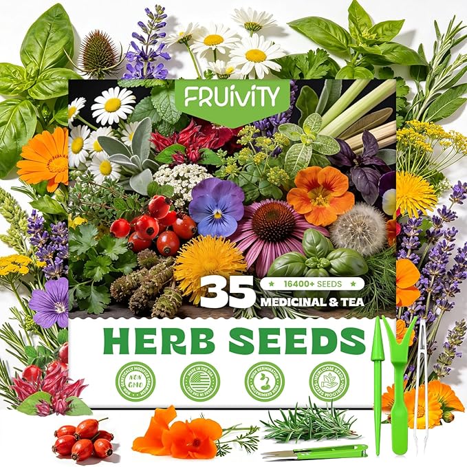 35 Medicinal & Tea Herb Seeds Variety Pack – 16,400+ Non-GMO Heirloom Seeds for Indoor & Outdoor Gardening: Basil, Chamomile, Rosemary, Mint, Oregano, Lavender & More