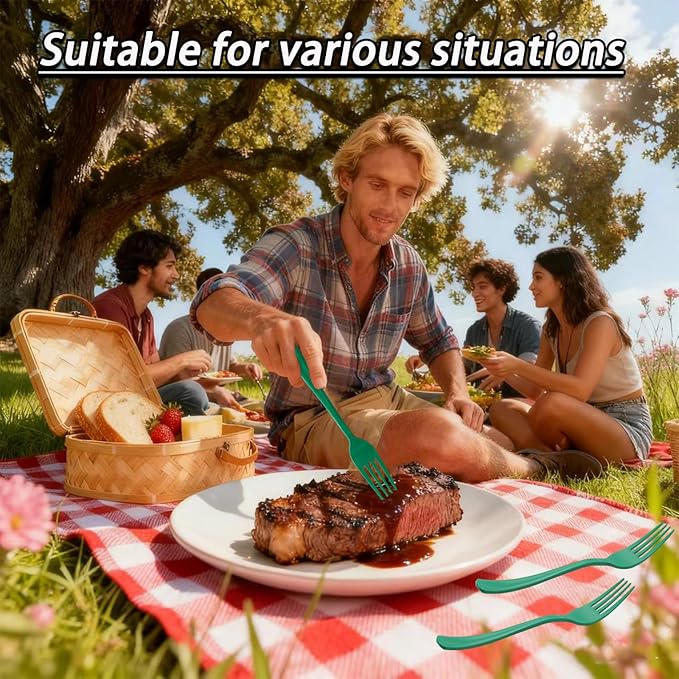 50 Pcs Green Plastic Forks, Heavy Duty Cutlery Set, Disposable Plastic Utensils for Picnics, Garden Party, Brithday, Wedding, Outdoor Barbecue or Daily Use (Green)