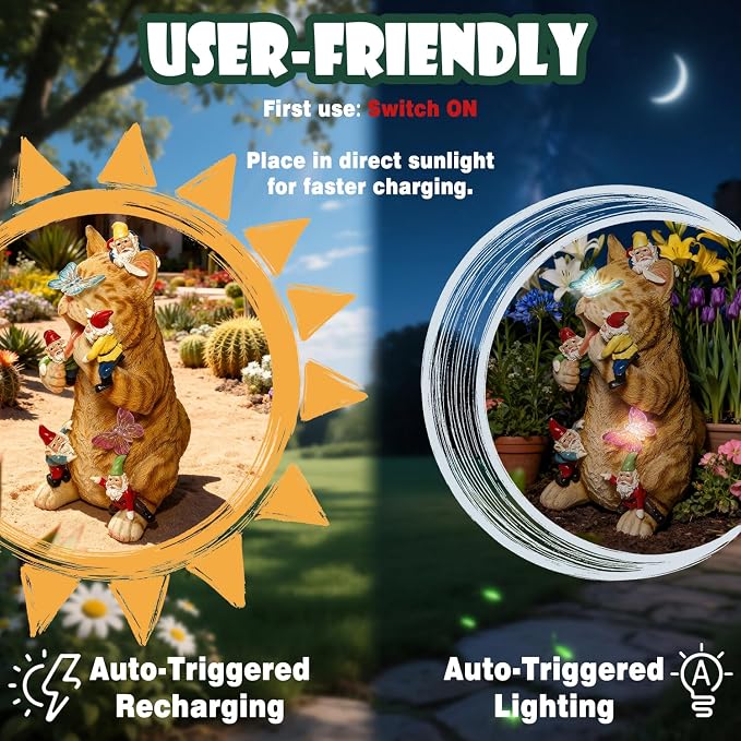 Funny Garden Gnomes Decorations for Yard Statue with Solar Lights Outdoor Cat Sculpture Decor