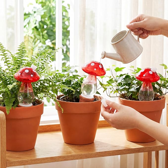 Teenyyou 3 Set Glass Self Watering Globes with Terracotta Self Watering Spike 12 oz Large Glass Waterer Bulbs Automatic Water Planter Insert Plant Water Device for Indoor Outdoor Plant(Red,Mushroom)