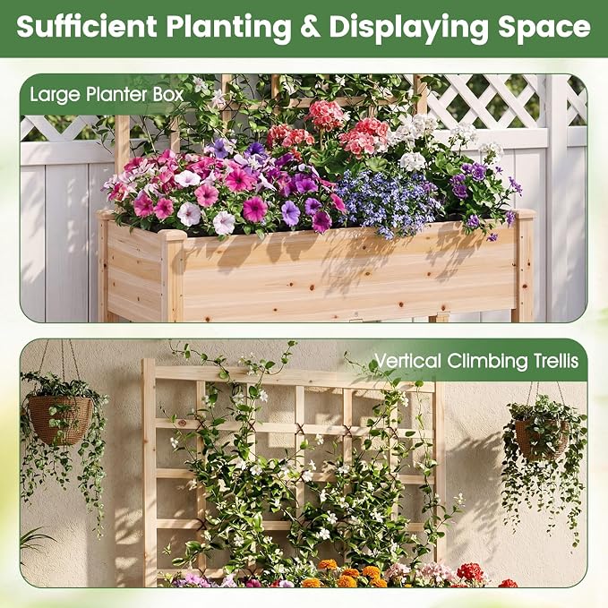 Giantex 65'' Wooden Raised Garden Bed w/Trellis on Wheels, Mobile Elevated Planter Box w/Legs, Liner & Drainage Holes for Climbing Plant Vegetable Herb Flower, Outdoor Garden Box, Backyard Balcony