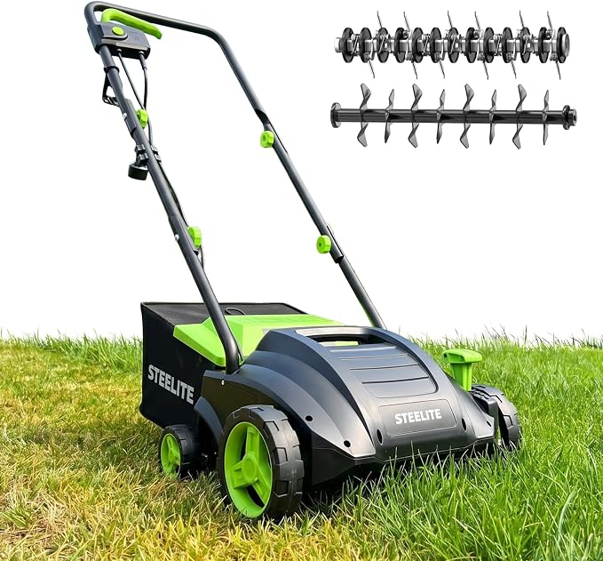 STEELITE 13-Inch 2-in-1 Electric Dethatcher & Scarifier, 8-Gallon Removable Collection Bag, 4-Position Height Adjustment, Powerful 12-Amp Motor for Healthier Lawns