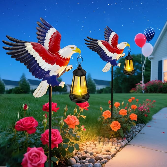 250th Anniversary 2 Packs USA Eagle with Solar Lights Patriotic Memorial Day Decor,29.9in Eagle Metal Garden Stakes 4th of July Decorations Outdoor Memorial Day,Independence Day Gifts for Yard Patio