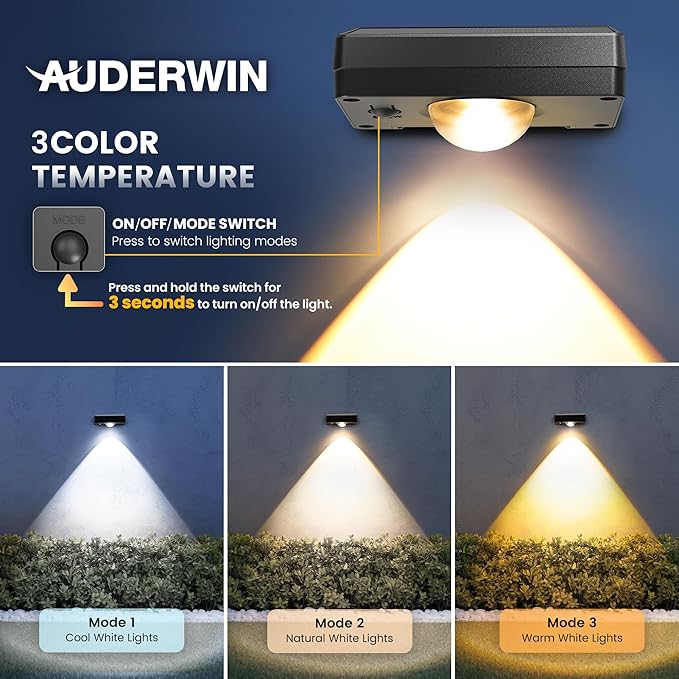 AUDERWIN Solar Fence Lights Outdoor Waterproof 16 Packs, Fence Lights Solar Powered, 3 Lighting Modes LED Lens Light for Wall, Backyard, Deck, Patio, Step, Stair, Porch, Pool Decor