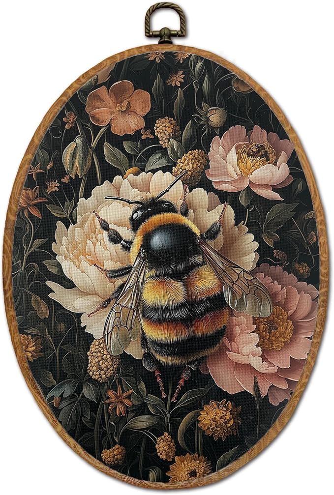 DOFQZ Vintage Floral Bee Oval Wall Art Decor, Dark Cottagecore Flower Bumblebee Framed Wall Art, Retro Botanical Canvas Wall Hanging Decor for Home Bedroom Living Room,8.5x11.5 Inch
