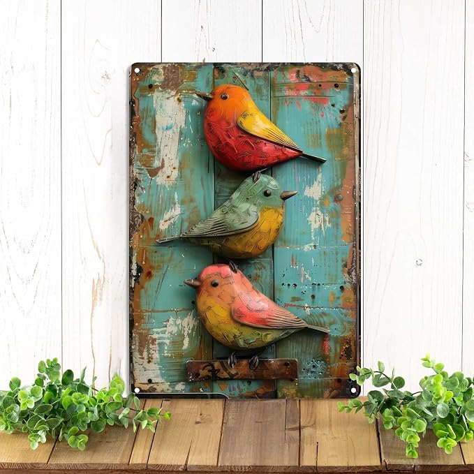 Vintage Cute Birds Metal Sign Retro Bird Tin Plate Wall Decor Rustic Tin Painting for Home Bedrooms Yard Bars Pubs Gardens Patios Porches 8x12 Inch （Non-3D Printing）