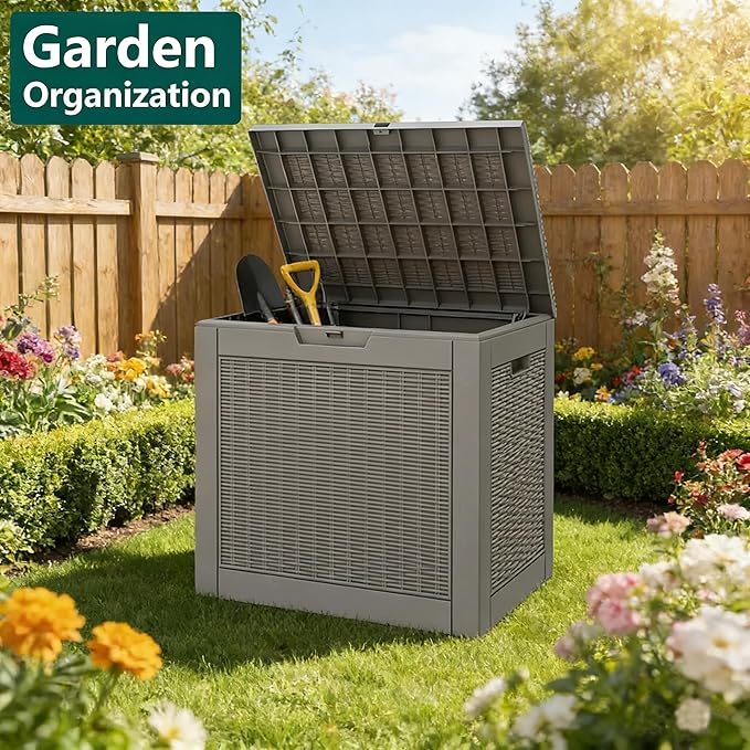Outdoor Storage Box, 30 Gallon Resin Deck Boxes Outdoor Waterproof For Patio Furniture, Garden Tools, Pool Supplies, Lockable And UV Resistant (Rattan Gray)