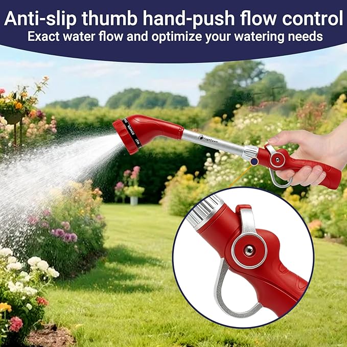 HugeDawn Garden Hose Wand, 16-Inch Heavy Duty Zinc Alloy & Aluminum Watering Wand with 8 Spray Patterns Thumb Control for Hanging Baskets, Garden, Cleaning (Red)