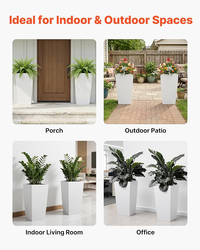 VEVOR 30 inch Tall Planters for Outdoor Plants Set of 2, White Tall Planter for Indoor Plants, Modern Large Planters for Front Porch Patio Balcony, Plant Container Flower Pots with Built-in Drainage