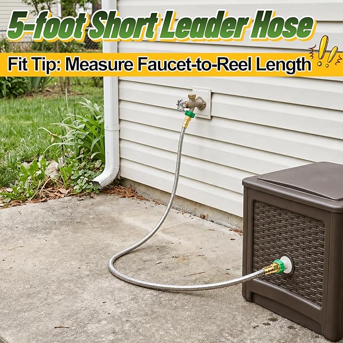 5ft Short Garden Hose with Double Female Connectors - Metal Leakproof Leader Hose for Hose Reel, Heavy Duty 304 Stainless Steel Flexible Hose for Outdoor Garden Watering Car Pet Cleaning