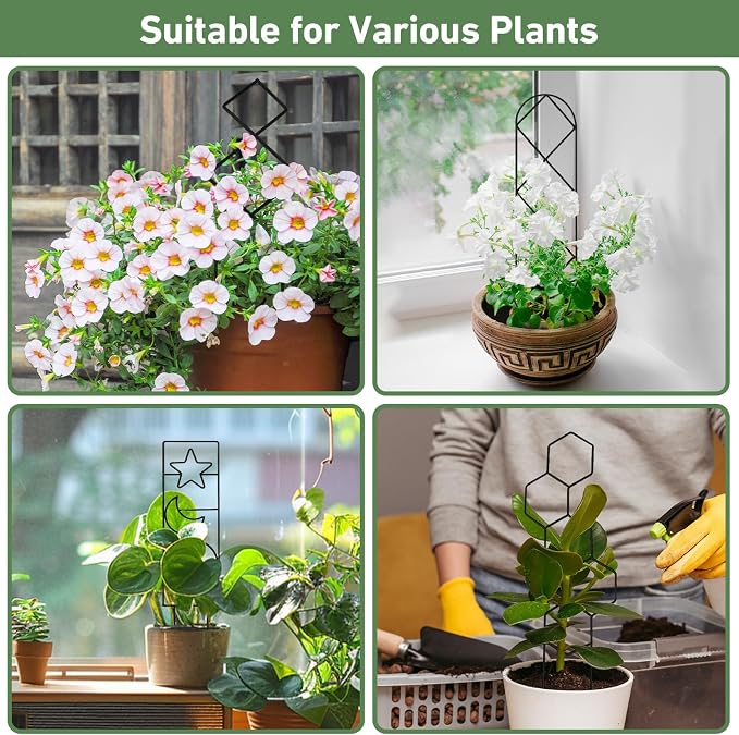 Trellis for Potted Plants, 14.6in Plant Trellis Indoor, Small Houseplant Trellis for Climbing Plants with Ties, Set of 4p Different Shape, Black