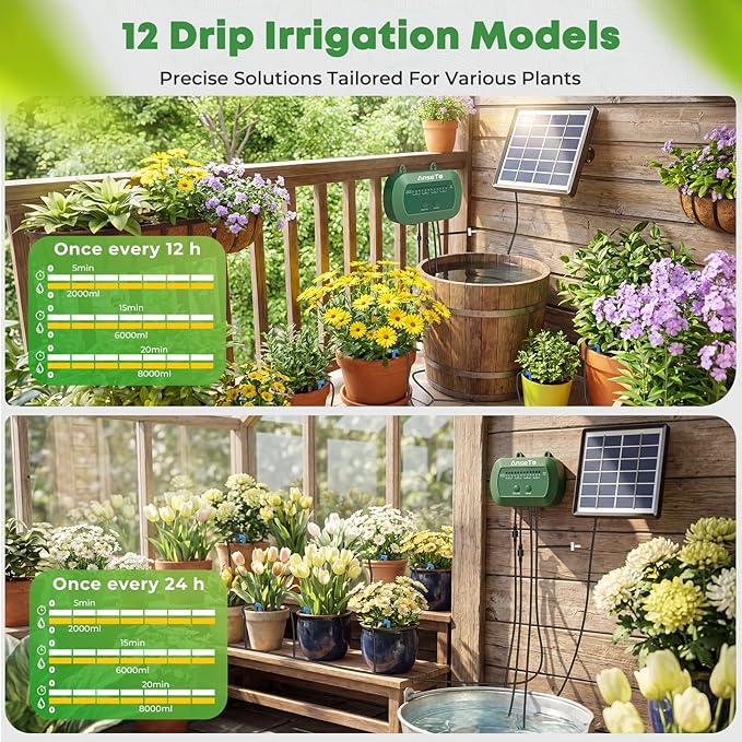 Solar Drip Irrigation System, Automatic Watering Kit with Split Design & Anti-Siphon Valve, 12 Modes Garden Irrigation System with 49ft Hose for 15 Potted Plants, Patio, Balcony & Greenhouse