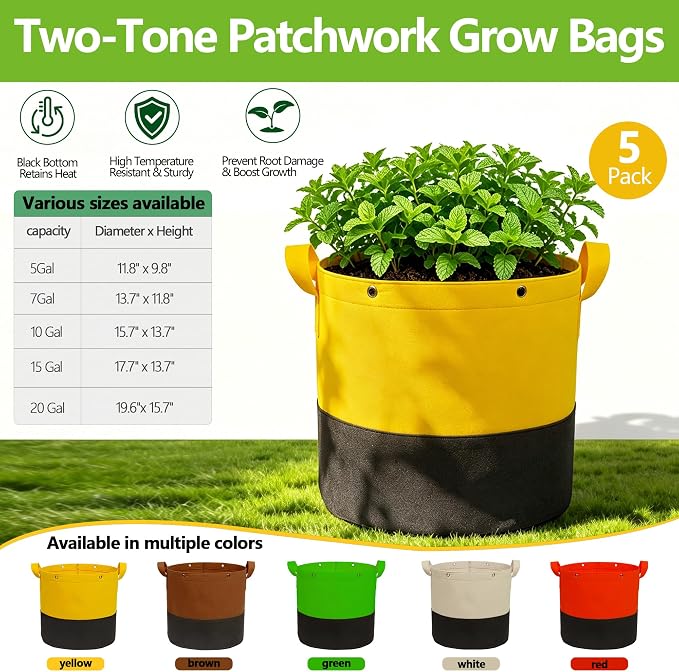 5-Pack 10 Gallon Grow Bags,Two-Tone Patchwork Planting Bags, 350G Thick Breathable Fabric Plant Pots, Reusable Planter Bags with Drainage Holes for Garden Vegetables Fruits Planting