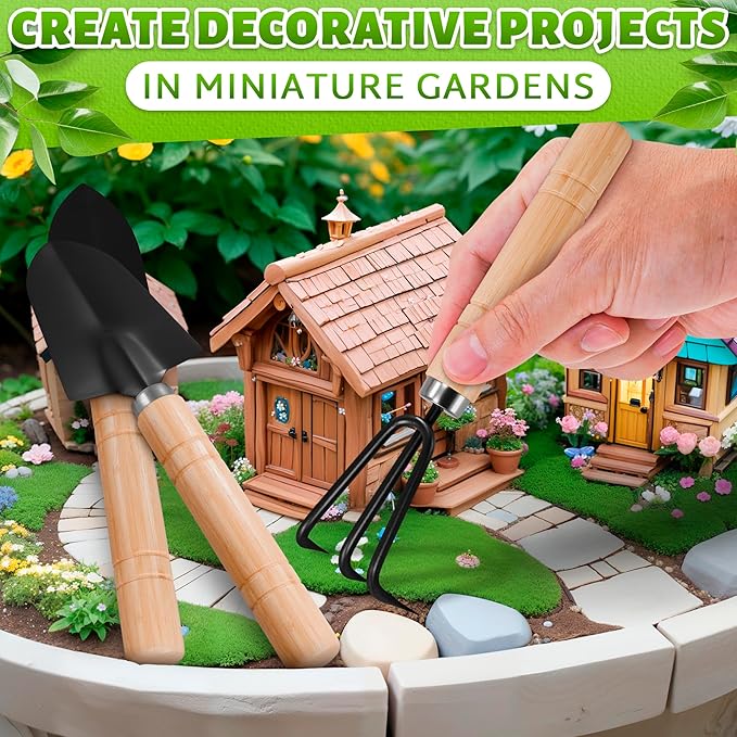 3 Pcs Mini Gardening Tools – Mini Garden Tools Set with Narrow Shovel, Wide Shovel & Hand Rake, Rustproof Metal Build, Ergonomic Wooden Handles – Potting & Transplanting Kit for Indoor Plant Care