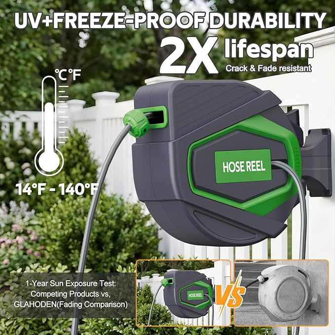 Retractable Garden Hose Reel, 1/2 in x 100 ft Wall Mounted Auto Rewind Hose Reel & Lock Any Length, 180° Swivel Bracket, Slow Return System, Brass Connector for Garden Watering, Car Washing