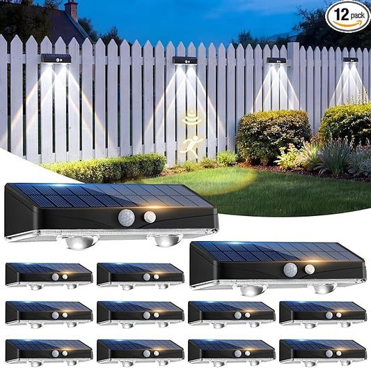 kolpop 12 Pack Solar Fence Lights Outdoor with 3 Modes Motion Sensor,IP65 Waterproof,1200mAh 60LM Bright LED Solar Lights for Fence,Patio,Backyard,Wall,Nighttime,Party(Cool White)