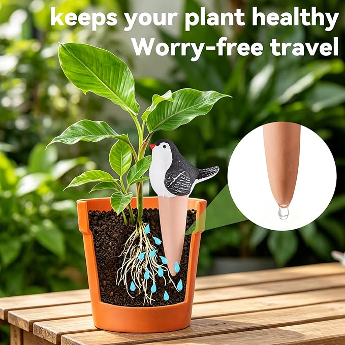 Yeswhat Self Watering Plant Spikes 4 Pack, Terracotta Automatic Plant Waterer for Indoor Outdoor Plants, Slow Release Watering Stakes, Vacation Plant Watering Devices for Potted Plants Garden(Bird)
