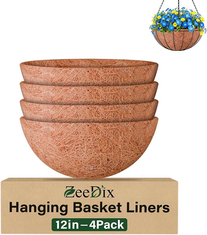 ZeeDix 4 Pack 12 Inch Coconut Liners for Planters, Round Hanging Basket Liners Natural Coco Coir Replacement Liner for Flowers Vegetables Patio Porch Garden Decor