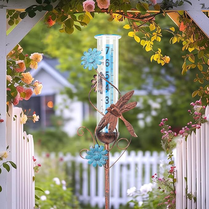 WONDER GARDEN Rain Gauge Outdoor, Decorative Rain Gauges Outdoors Best Rated with Dragonfly and Flower, Freeze Proof Water Rain Measure Gauge for Yard Patio Lawn Garden Decor