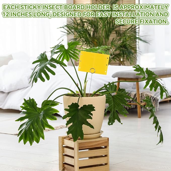 50 Pcs 12 Inch Dual-Sided Yellow Fruit Fly Traps Kit Includes 25 Sticky Cards and 25 Silver Long Wire Holders Effective Insect Gnat Trap Killer for Garden Plant Indoor Pest Control Fungus Gnats