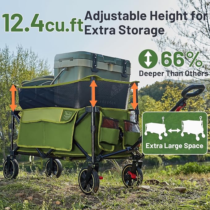 Timber Ridge Collapsible Folding Wagon 350L Extra Large with Brake, Heavy Duty Camping Utility Cart Outdoor, Extended Height Adjustable Handle, Cup Holders, Side Bag, Green