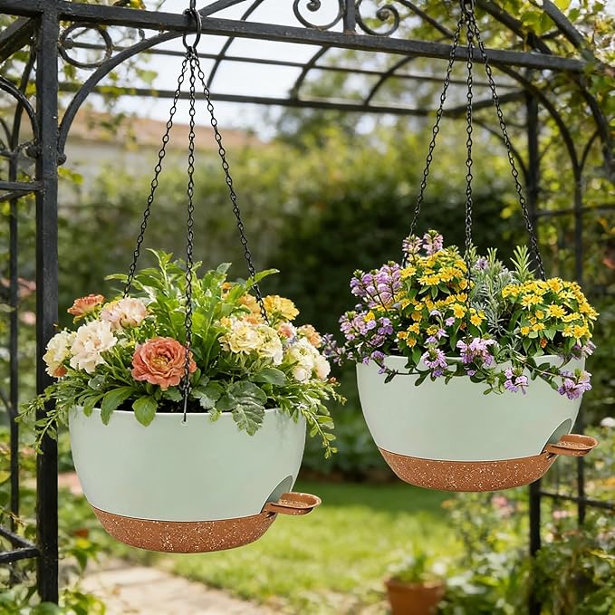 2 Pack 12" Self Watering Hanging Planters, Green Brown with Chains | Plastic hanging baskets with 43 Oz removable reservoir, for indoor outdoor plants, patio porch garden balcony decor