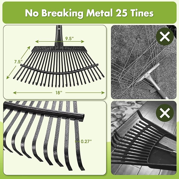 Rake for Leaves, Heavy Duty Leaf Rakes for Lawns & Yard - 65” Adjustable Long Handle 18” Width 25 Metal Tines - Gardening Rake for Adults Kids for Shrub,Grass,Mulch