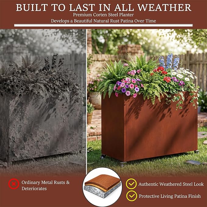 36 Inch Corten Steel Planter Box with Wheels, Tall Outdoor Rolling Planter with Drainage & Removable Shelf, Large Rectangular Weathering Steel Planter for Patio, Porch, Balcony & Garden