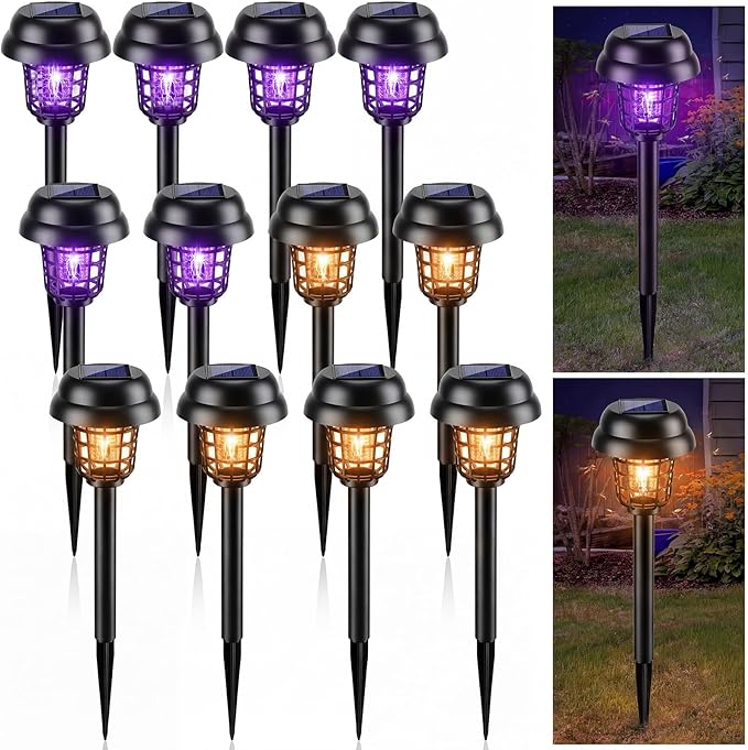 Qualirey 12 Pcs Solar Mosquito Zapper Outdoor Waterproof Solar Powered Bug Zapper Outdoor Mosquito Killer Lamp Trap Repellent Light for Garden Yard Insect (Purple and Warm Light,Black)