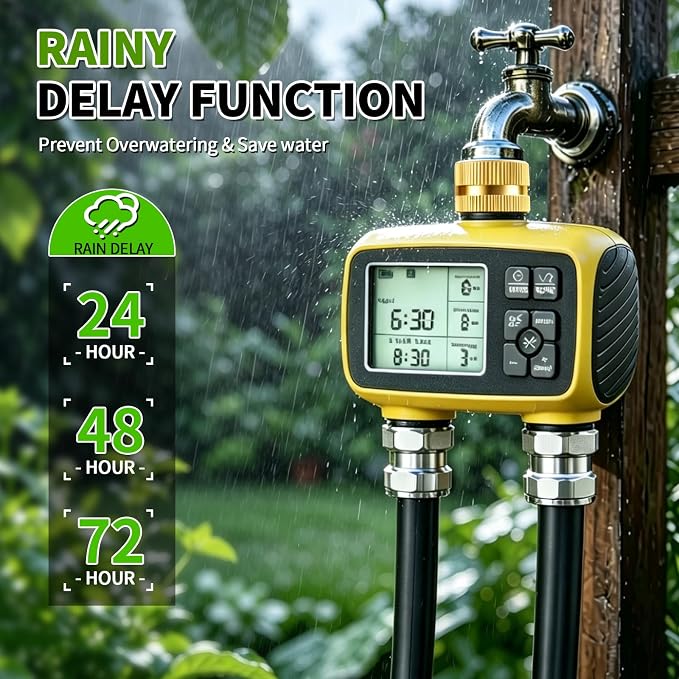 Boltigen Upgraded Brass Sprinkler Timer-2 Zone Water Hose Timers with Metal Inlet & Outlet-Waterproof & Programmable Design Timer Rain Delay & Manual Watering, for Outdoor Garden Irrigation Lawn Yard